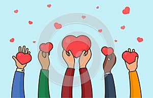 People hands holding hearts. Peace, love and unity concept. Mult-iethnic charity and donation flat vector illustration
