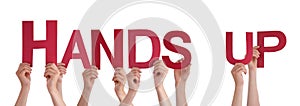 People Hands Holding Red Straight Word Hands Up