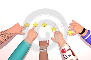 People hands holding review star. Five stars rating. Online feedback concept. Trendy cartoon 3d rendering illustration