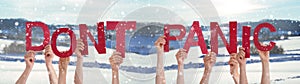 People Hands Holding Word Dont Panic, Snowy Winter Background