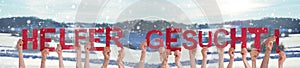 People Hands Holding Word Helfer Gesucht Means Help Wanted, Winter Background