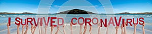 People Hands Holding Word I Survived Coronaviru, Ocean Background