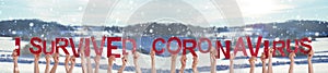 People Hands Holding Word I Survived Coronaviru, Snowy Winter Background