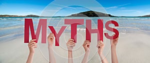 People Hands Holding Word Myths, Ocean Background