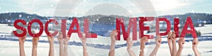 People Hands Holding Word Social Media, Snowy Winter Background