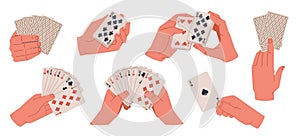 People hands playing cards. Poker game, risky gambling accessories, human arms hold card deck, shuffling and