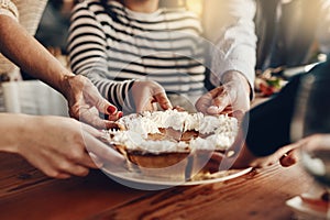 People, hands and pumpkin pie at a party for a thanksgiving celebration, event or gathering at home. Traditional dessert