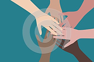 People hands together, work in team concept. Vector illustration.