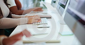 People, hands and typing at computer for online research at consultation company for internet report, service or contact