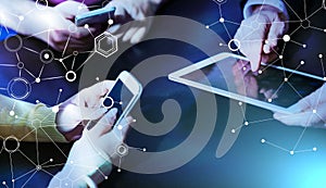 People hands using mobile phones and digital tablet; multiple exposure