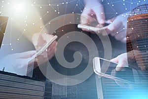 People hands using mobile phones; multiple exposure