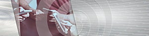 People hands using mobile phones. panoramic banner