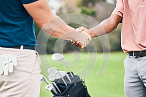 People, handshake and golf sport for partnership, trust or unity in community, collaboration or teamwork on grass field