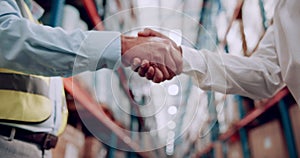 People, handshake and warehouse logistics agreement deal in factory for b2b manufacturing, supply chain or ecommerce
