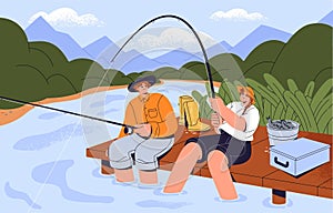 People in hat sitting on pier, fishing. Couple fun, angling on river bank. Friends with rods catch fish, spinning