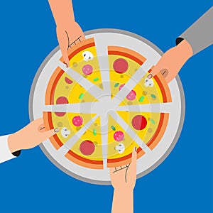 People have dinner together and share a huge pizza. hands top view. Flat style. Vector