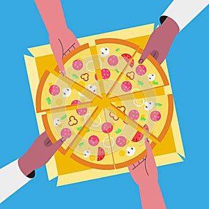 People have dinner together and share a huge pizza. hands top view. Flat style. Vector