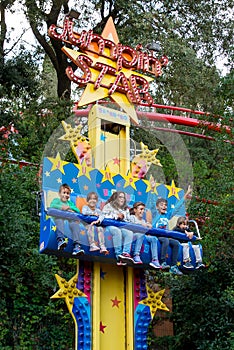 People have fun at the freefall attraction at Tibidabo Amusement Park