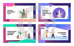 People Have Fun in Office or Home Party and Outdoors Meeting Landing Page Set. Men and Women Spending Time at Christmas