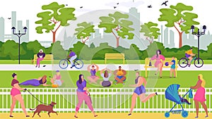 People have rest in park, vector illustration. Flat outdoor activity at nature, sport lifestyle with cartoon summer