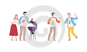 People Having Barbecue in the Park Roasting Sausage on Grill and Drinking Beer Enjoying Leisure Activity Vector