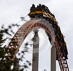 People having fun amazing roller coaster during vacation