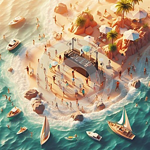 people having fun in the beach, isometric view, sea waves, 3d illustration