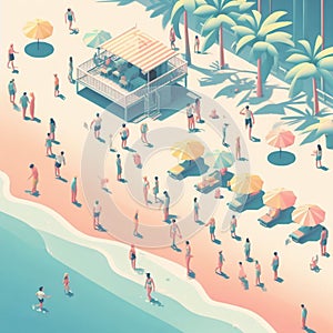 people having fun in the beach, isometric view, sea waves, 3d illustration