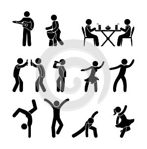 People having fun, dancing, playing musical instruments, stick figure man pictogram, human silhouettes isolated