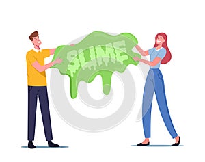 People Having Fun Making Slime Concept. Cheerful Tiny Male and Female Characters Holding Huge Gooey Dripping Handgum