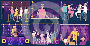 People having fun at party in night club, dancing and drinking, vector illustration