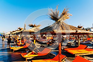 People Having Fun In Water And Relaxing In Mamaia Beach Resort At The Black Sea In Romania