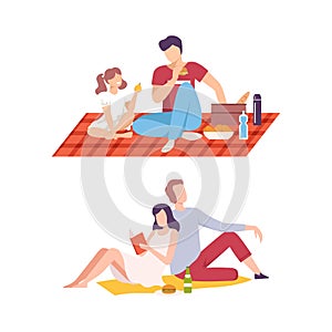 People Having Picnic in the Park Sitting on Blanket and Eating Relaxing Enjoying Leisure Activity Vector Illustration