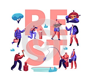 People Having Rest Creative Poster. Male and Female Characters Hobby at Leisure Time, Men and Women Relaxing, Fishing