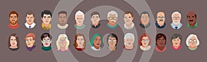 People Head Avatar Set. Different Smile Characters. Man and Woman Portrait Cartoon Illustration. Children and Older people.