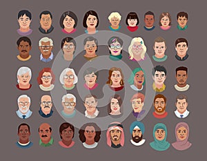 People Head Avatar Set. Different Smile Characters. Man and Woman Portrait Cartoon Illustration. Children and Older people.