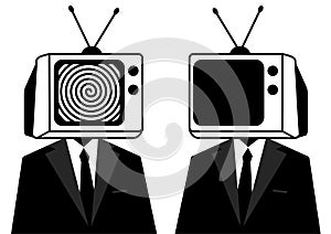 People instead of head TV, silhouette. Man zombie, mass media