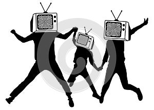 People instead of head TV, silhouette. Propaganda, fake news. Man of Zombies. Information war.