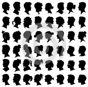 People heads silhouettes. Male and female portrait outline profiles, boys and girls persons face black avatars on white