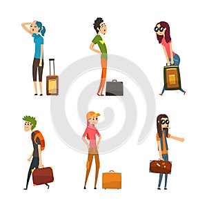 People with Heavy Luggage, Trunk and Suitcase Traveling Vector Set