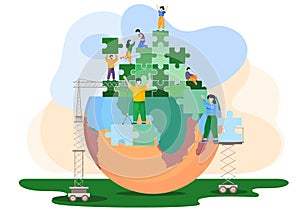 People help each other to puzzle the planet. Save the earth. Nature and environment concept