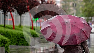 People hide from rain under umbrellas in a rainy day on the street of the city Bad weather concept