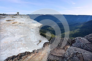 People hikes on Lincoln Rock Lookout at sunset of the Grose Valley located within the Blue Mountains New South Wales Australia