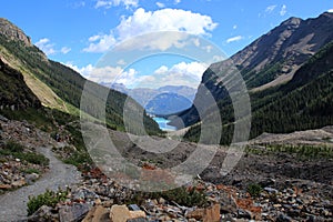 People hiking on the Plain of the Six Glaciers hiking trail near Lake Louise