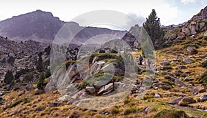 People hiking in the Pyrenees mountains, Andorra, Pessons