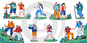 People hiking set. Active vacation and tourism scenes, tourist characters with backpacks on adventure. Vector set