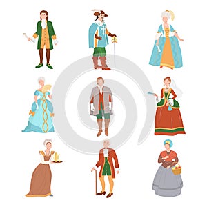 People in historical costumes of the 18th century. Rococo people fashion cartoon vector illustration