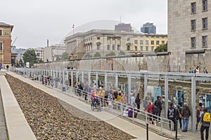 People at Historical Museum, Topography of Terror, visiting an outdoor exhibition at the Berlin Wall. Berlin, Germany.