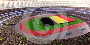 People hold Belgium flag in stadium arena. field 3d photorealistic render
