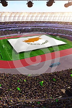 People hold Cyprus flag in stadium arena. field 3d photorealistic render